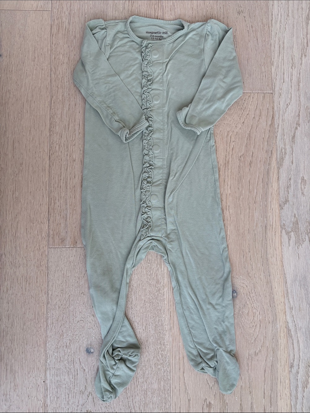 Magnetic Me Sage Green Ruffle-Front Footie One-Piece